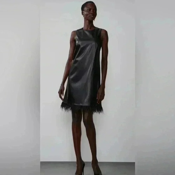 Forcynthia Sleeveless Feather Trim PU Mini Dress size S - Picture 1 of 8